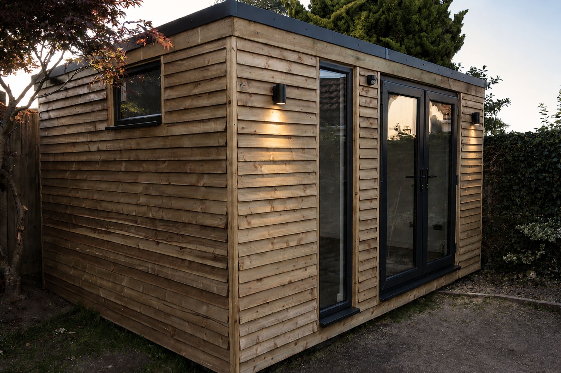 Country cottage style garden room - waney-edge timber clad with French doors and warm exterior lighting at dusk