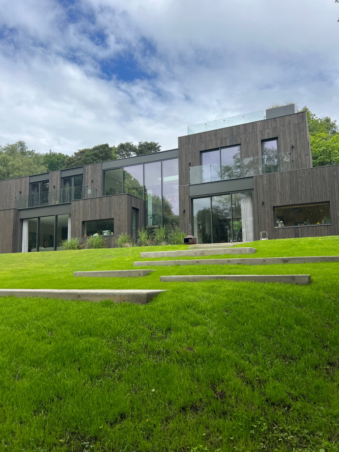 Low angle of the floating concrete steps anchoring the architectural rear elevation