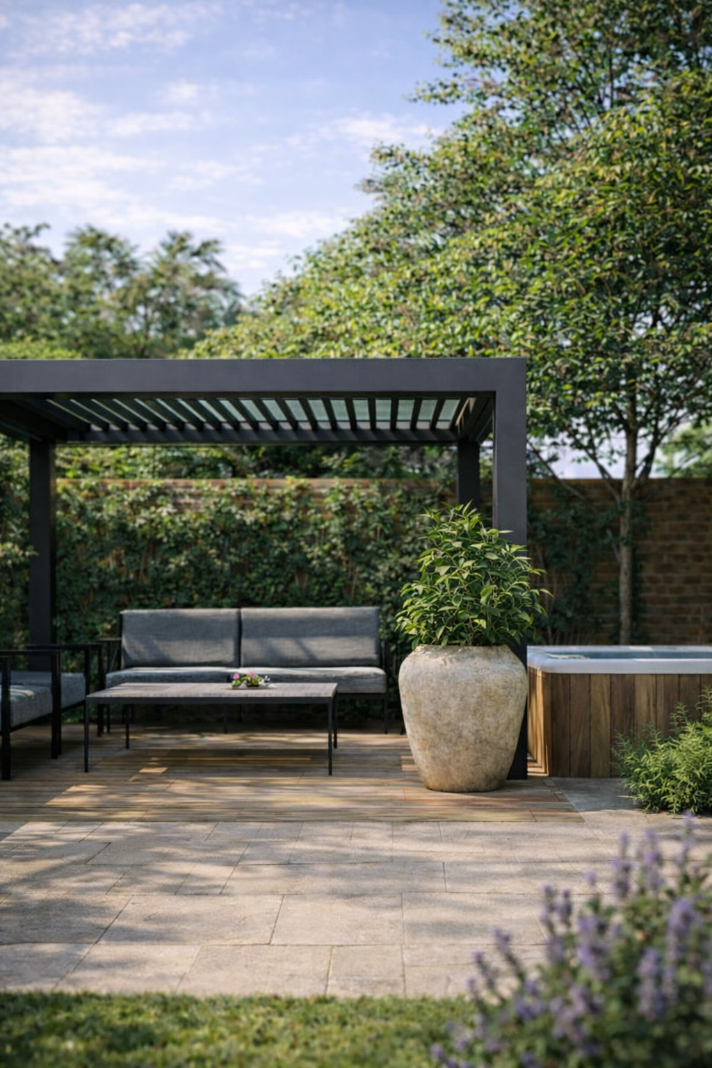 Charcoal louvered pergola over a lounge setting beside a cedar-clad spa with lavender and evergreen planting