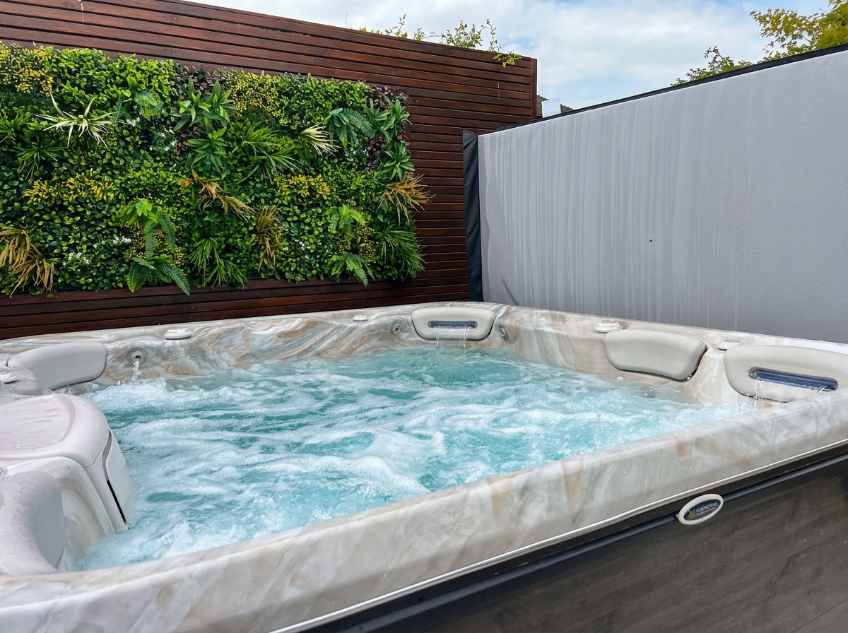 Hot tub framed by living wall and timber privacy screen in the finished garden