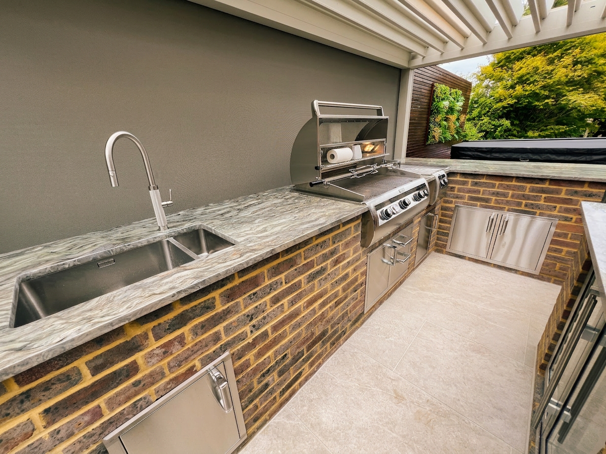 Detailed view of the marble run with sink, gas grill and integrated storage