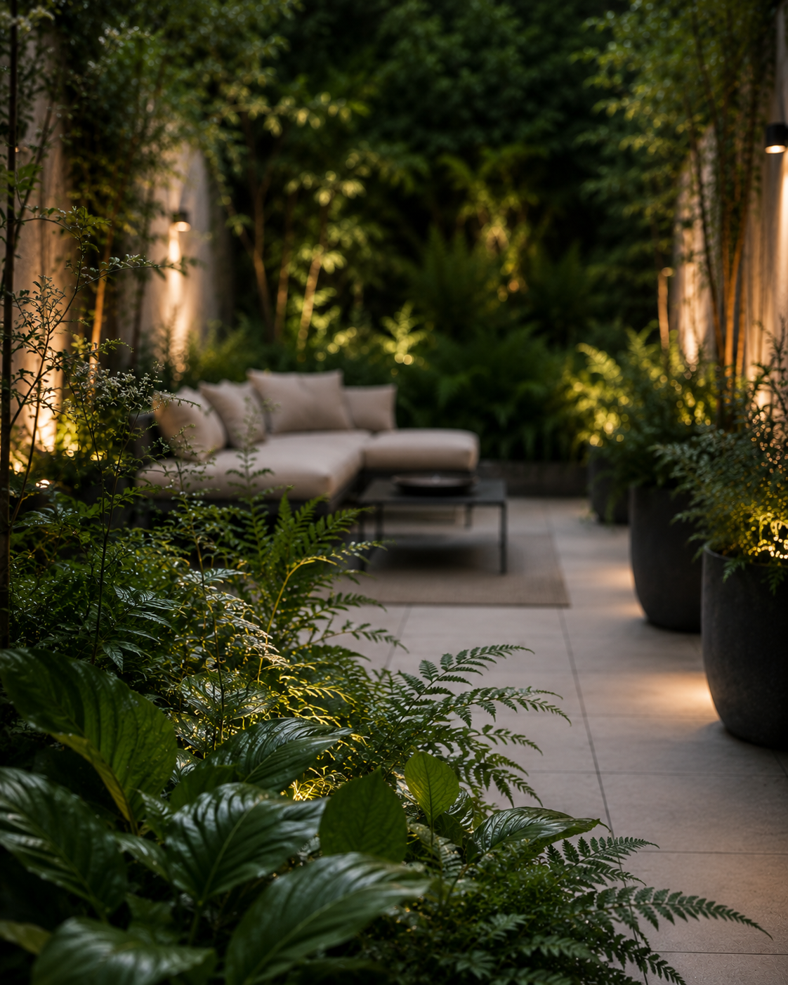 Ferns and foliage softening porcelain paving at twilight