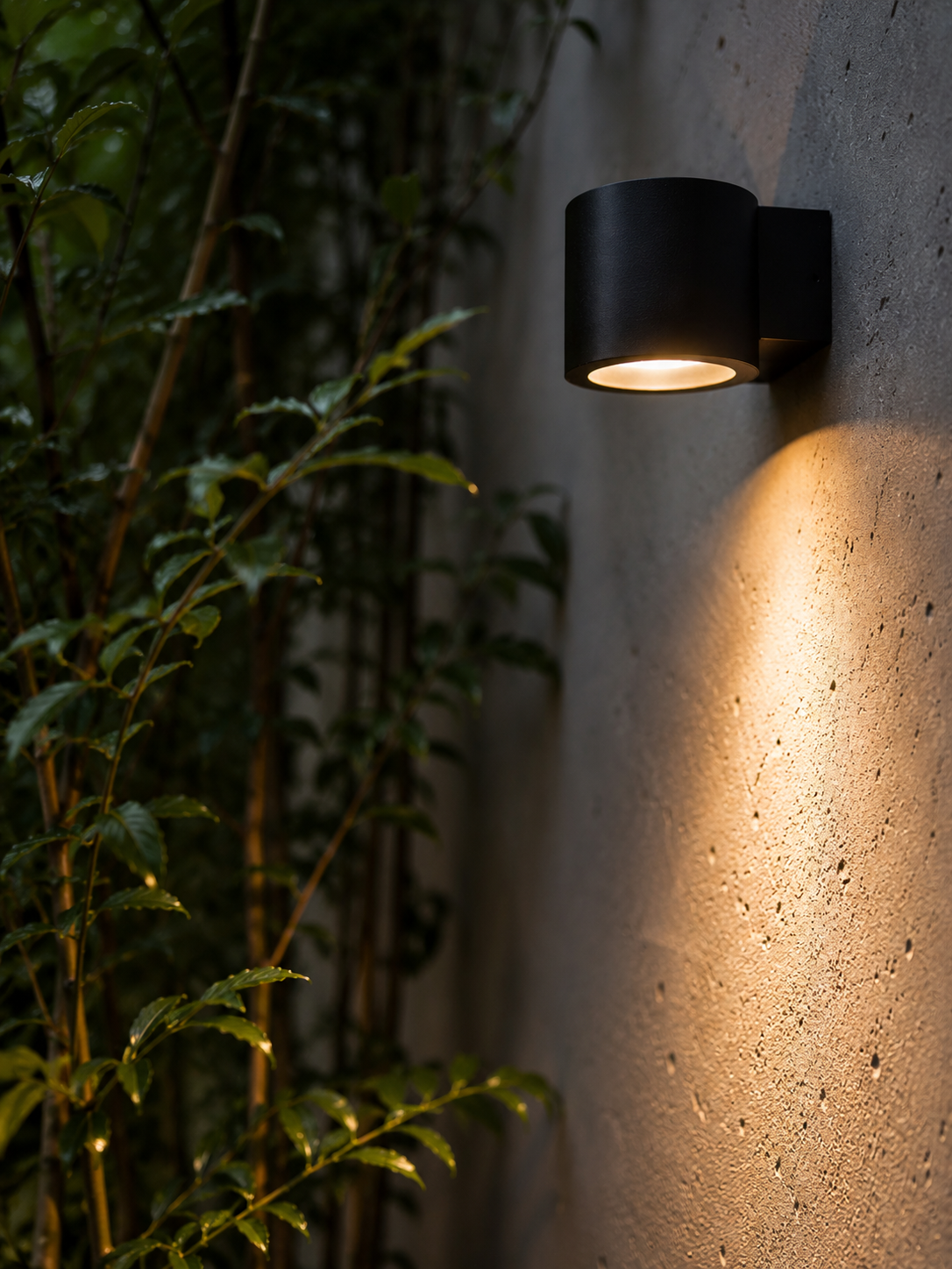 Detail of black wall light washing textured render and bamboo